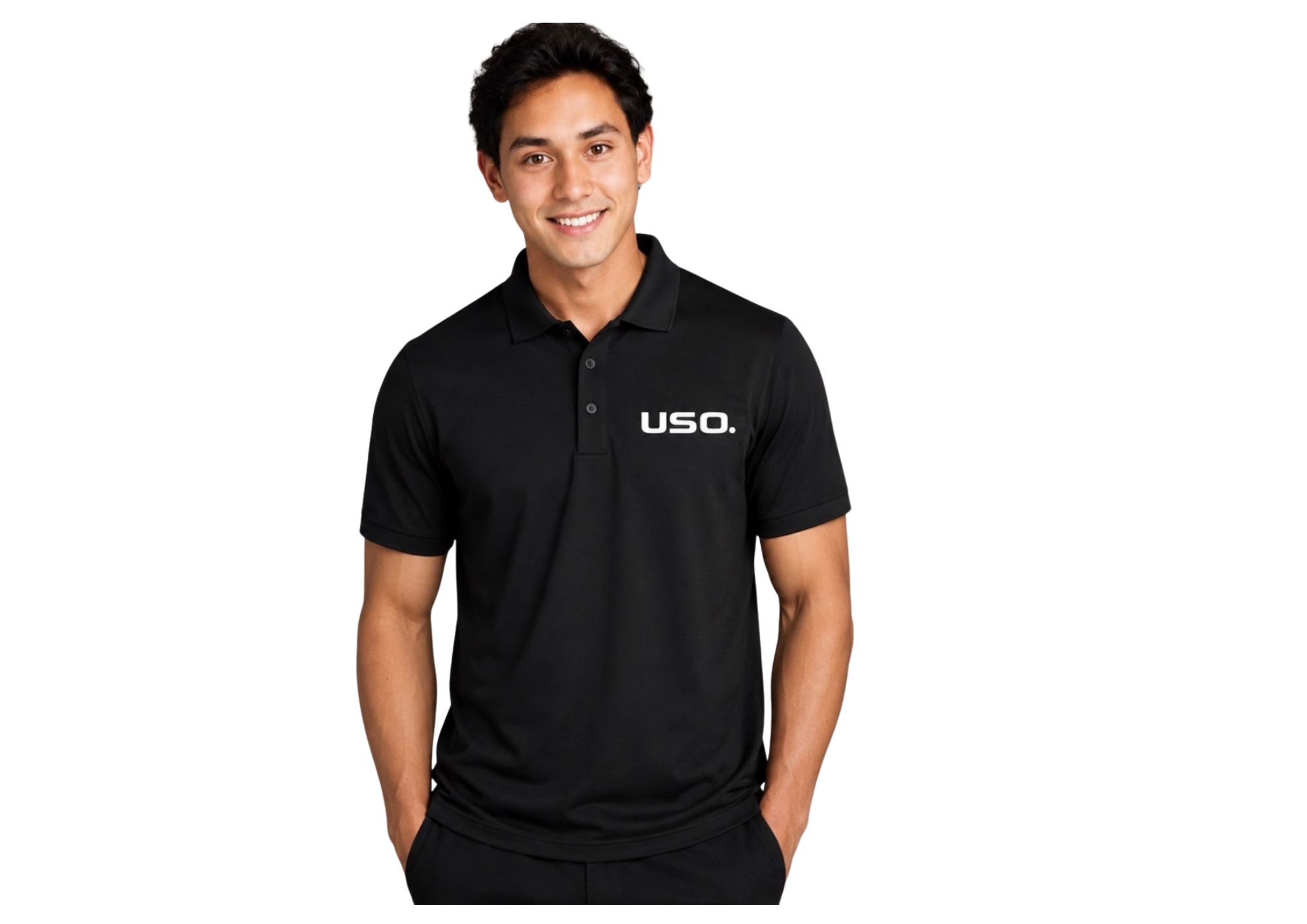 USO. Branded Apparel. USO. Elite High Performance Black Golf Polo Shirt-Moisture Wicking, Odor Fighting, UV Resistant