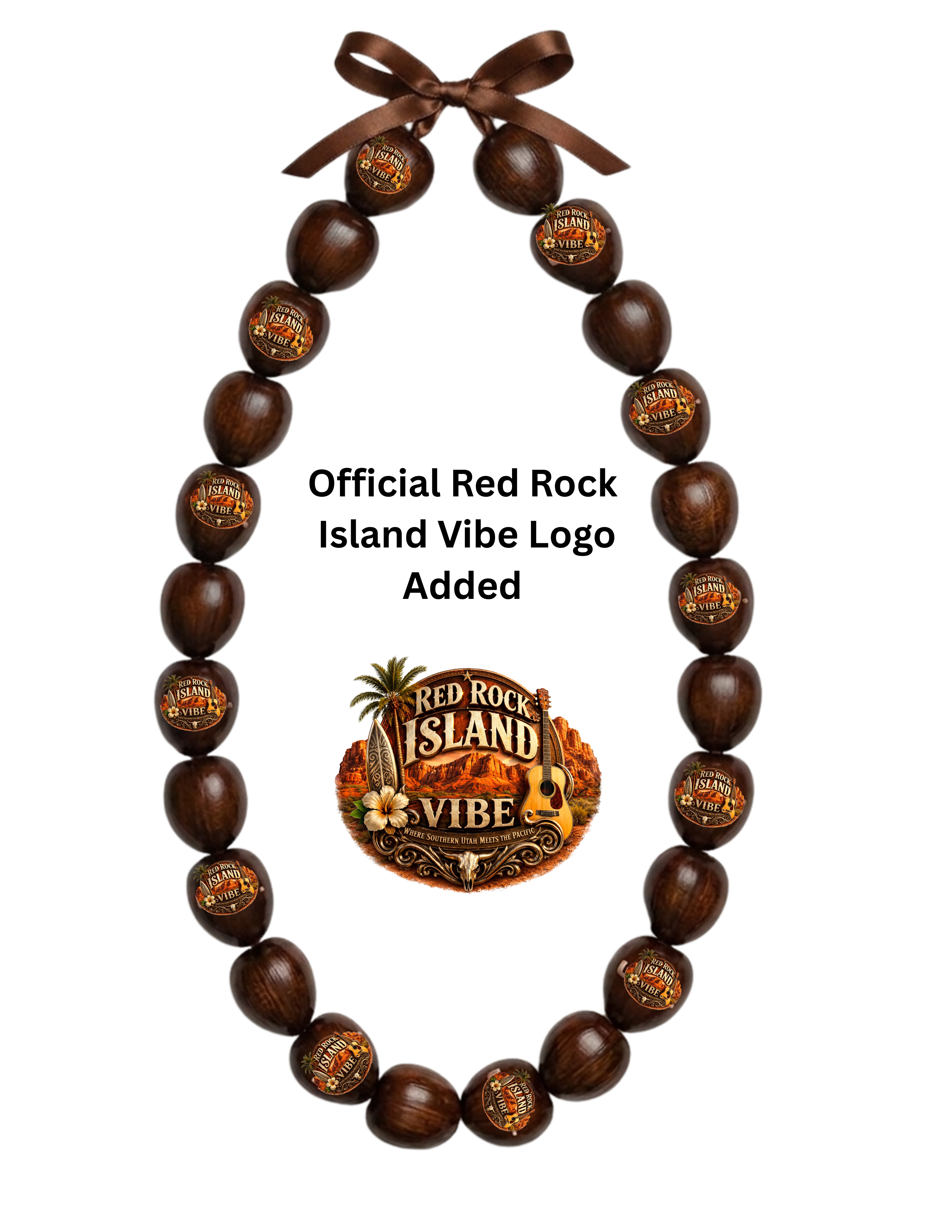 Red Rock Island Vibes Logo 33 in. Brown Kukui Nut Lei-Hand polished Polynesian Unisex Traditional Island Necklace