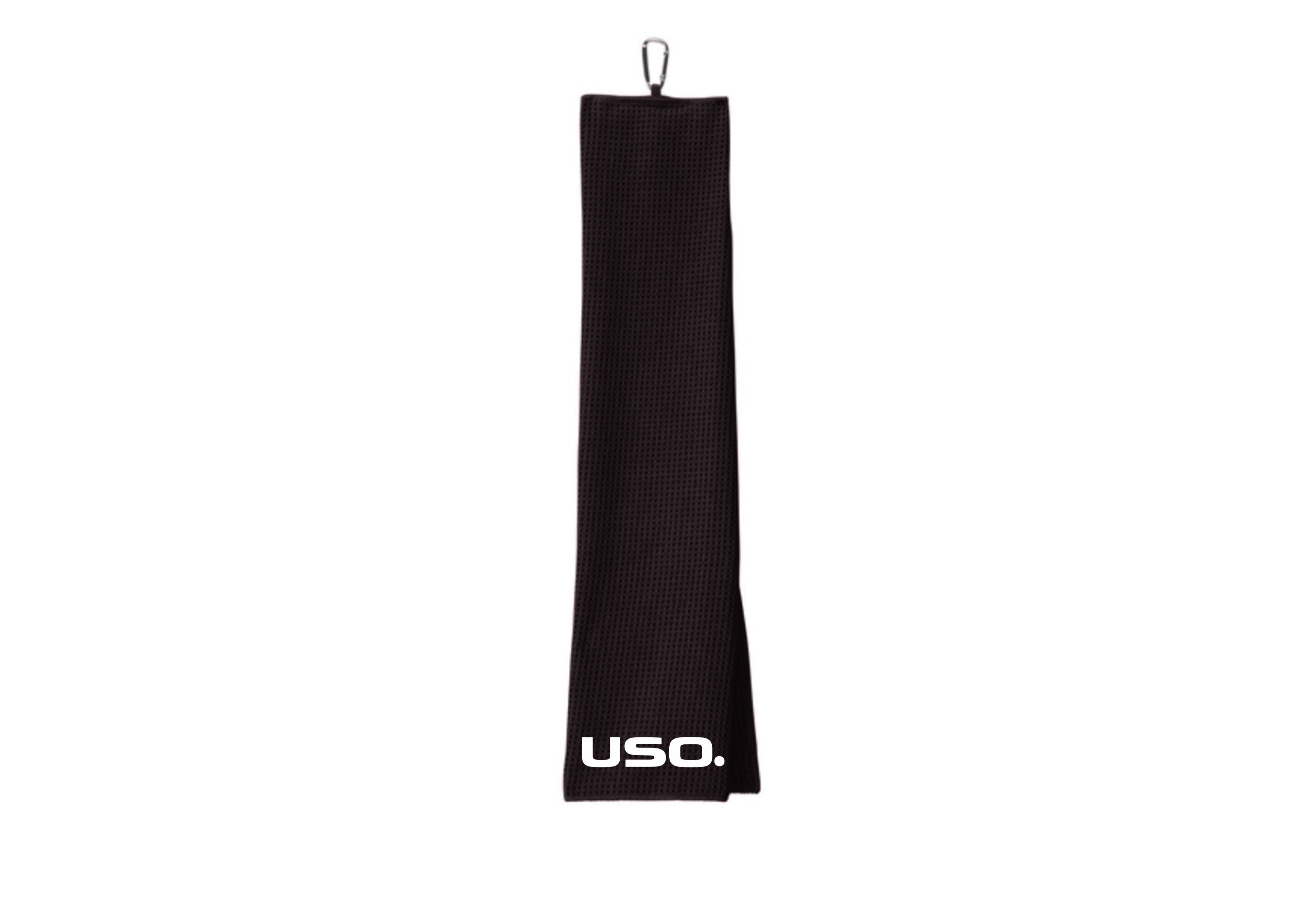 USO. Branded Item.  USO Performance Golf Towel – Black Microfiber Waffle Tri‑Fold