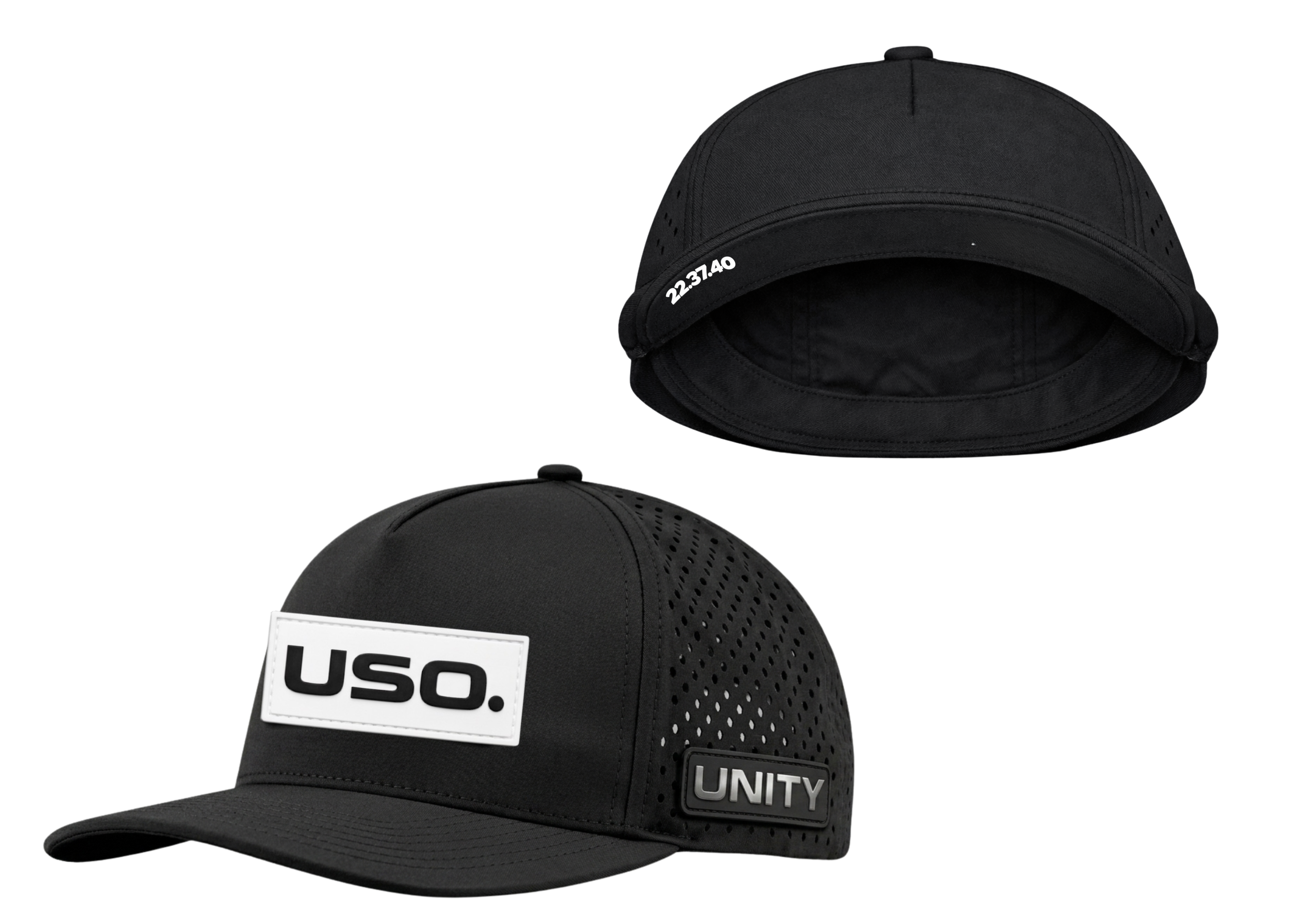 USO. Branded Apparel. USO. Logo Premium Metallic Silver Patch Hat-Black and White Modern Performance Cap