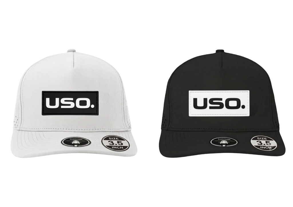 USO. Branded Apparel. USO. Logo Premium Metallic Silver Patch Hat-Black and White Modern Performance Cap