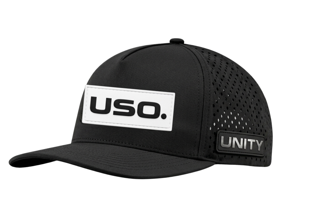USO. Branded Apparel. USO. Logo Premium Metallic Silver Patch Hat-Black and White Modern Performance Cap