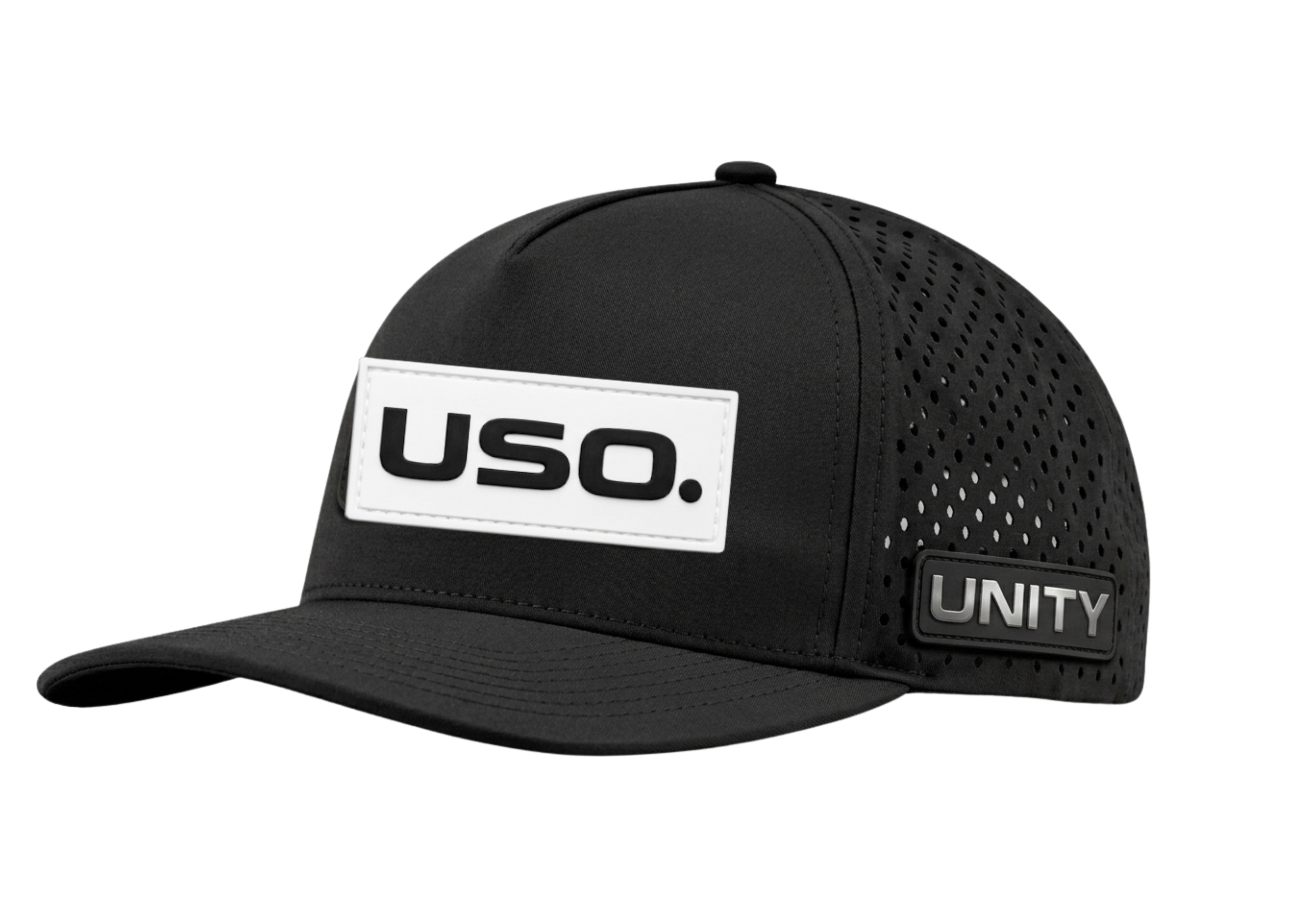 USO. Branded Apparel. USO. Logo Premium Metallic Silver Patch Hat-Black and White Modern Performance Cap
