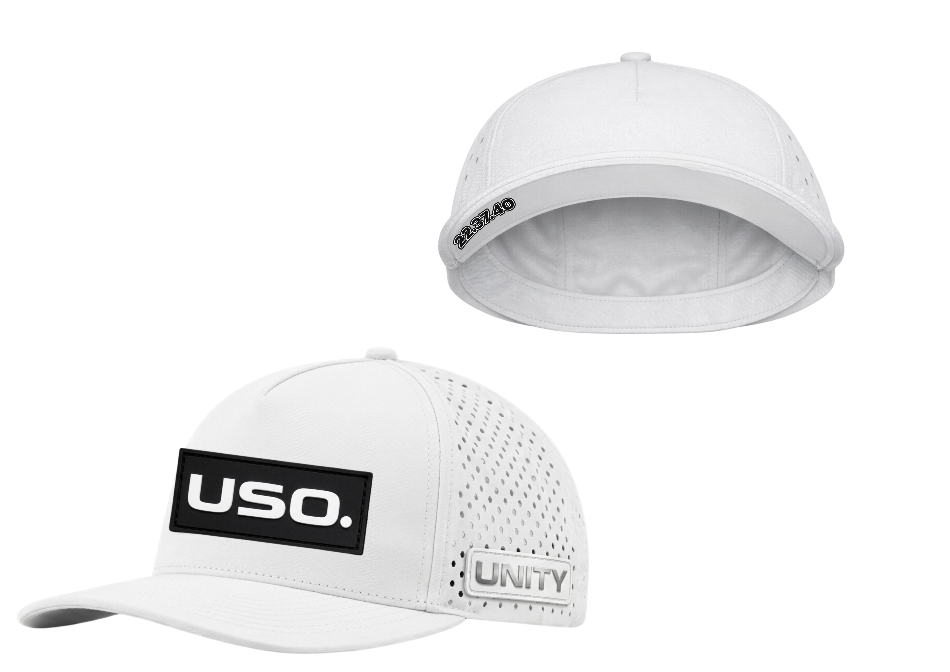 USO. Branded Apparel. USO. Logo Premium Metallic Silver Patch Hat-Black and White Modern Performance Cap