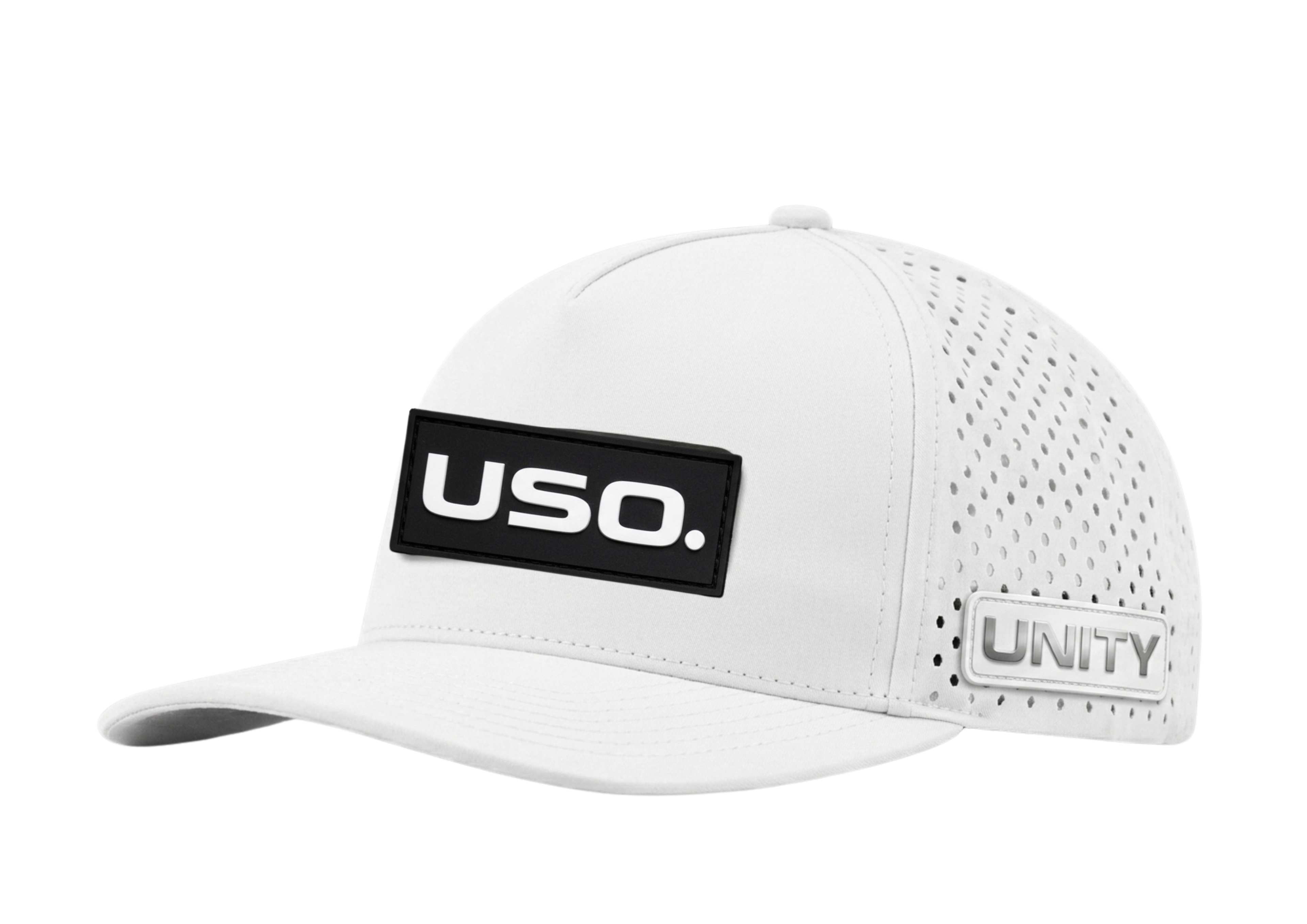 USO. Branded Apparel. USO. Logo Premium Metallic Silver Patch Hat-Black and White Modern Performance Cap